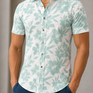 Camisa Slim Manga Corta Flores Verdes