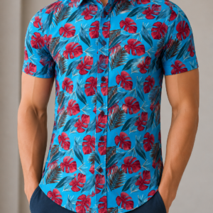 Camisa Slim Manga Corta Azul Flores