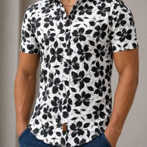 Camisa Slim Manga Corta Flores Negras