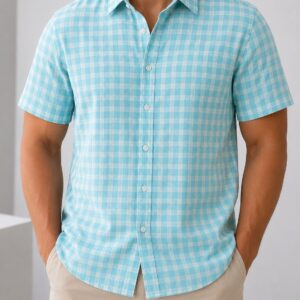 Camisa Slim Manga Corta Cuadros Cielo
