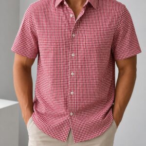 Camisa Slim Manga Corta Cuadros Rojos